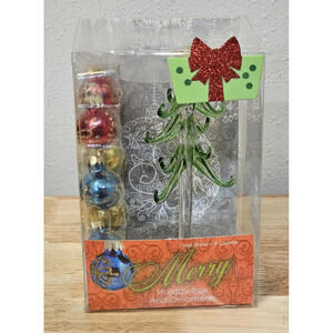 LS ARTS Crystal Handblown Glass 6" Christmas Tree With 9 Ornaments in Box
